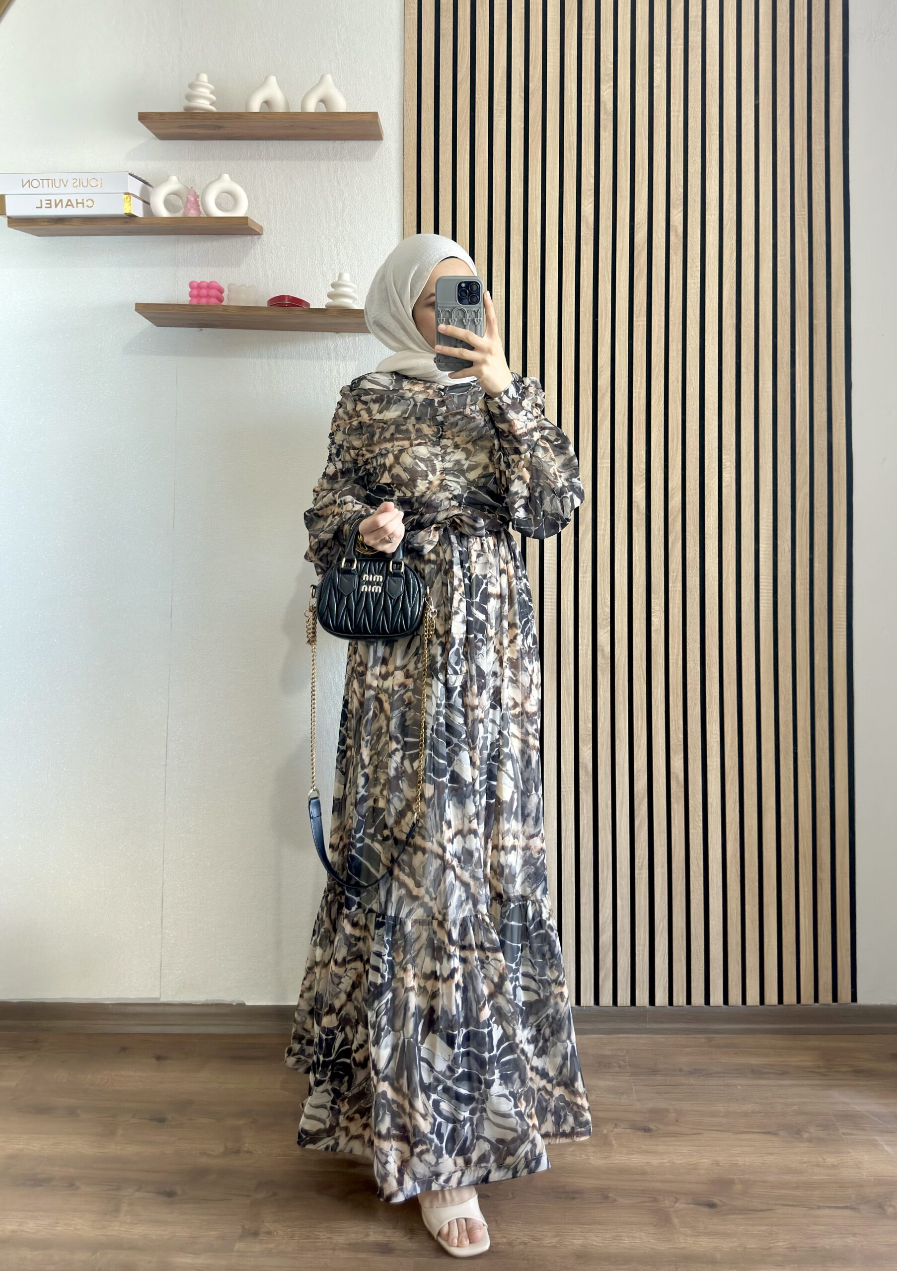 Neva Mermer Desen Kuşaklı Elbise