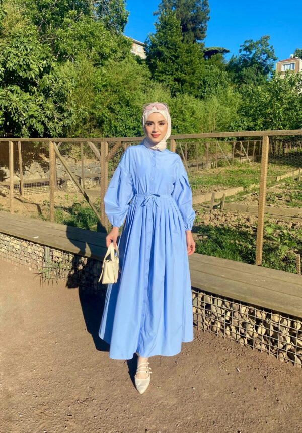 Mavi Belden Büzgülü Elbise