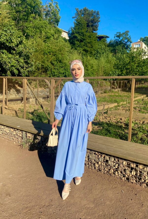 Mavi Belden Büzgülü Elbise
