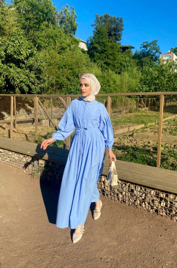 Mavi Belden Büzgülü Elbise