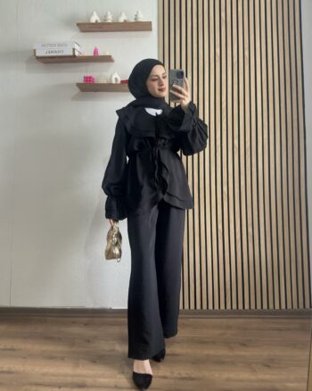 Önden Bağlamalı Pamuklu Pantolonlu Takım Siyah